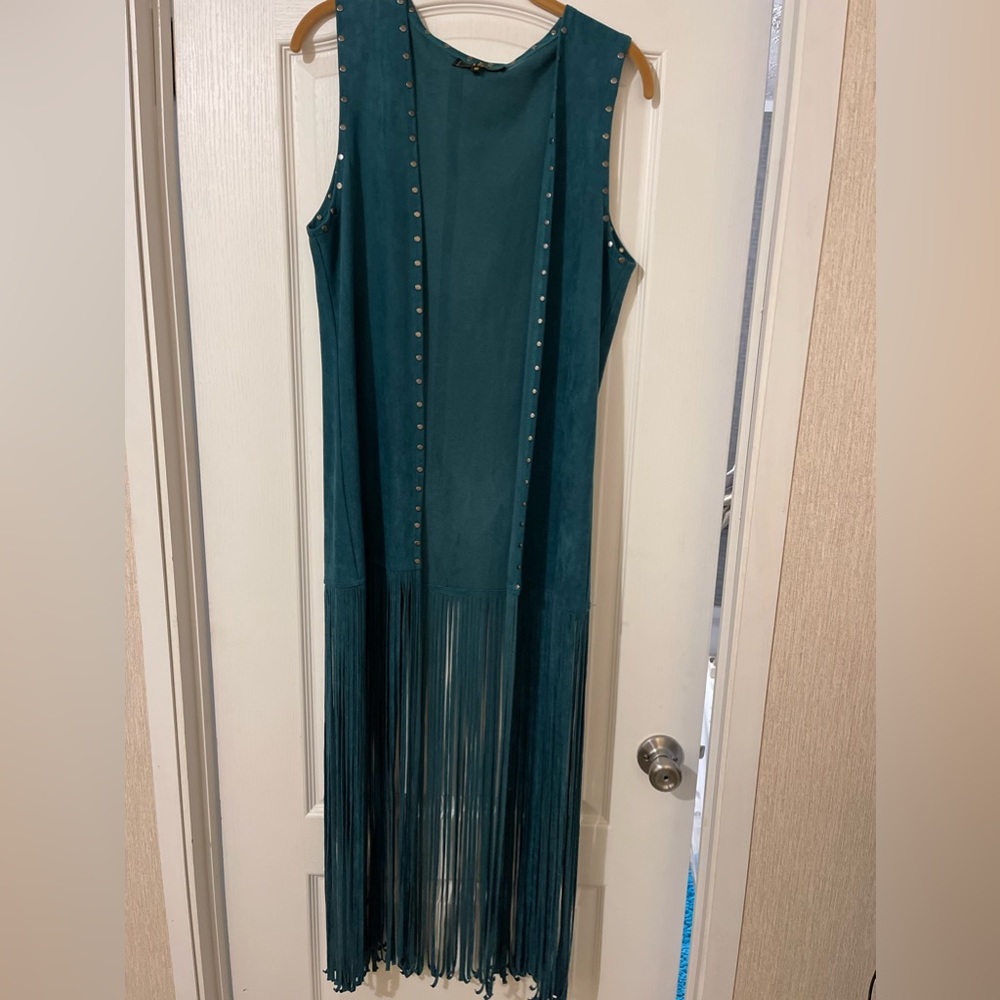 L&B Medium Teal Fringe Duster EUC